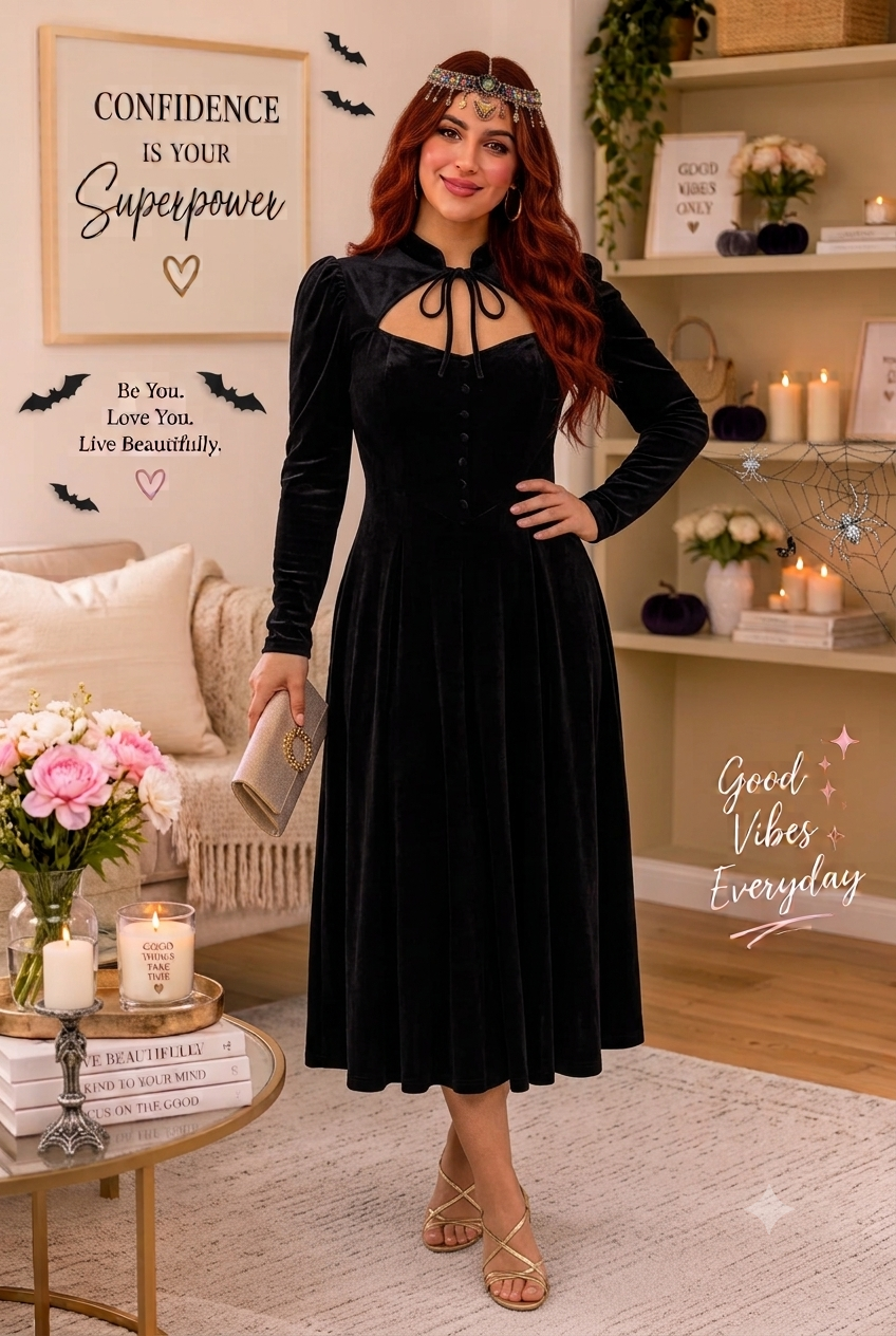  Women Goth Qipao Collar Bow Accent Black Velvet Gothic Witch Dress