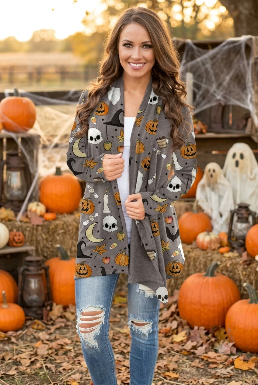 Women's Halloween Cat Pumpkin Cardigan Long Sleeve Open Front Knit Outwear Over Coats Plus Size Knit Sweater Top