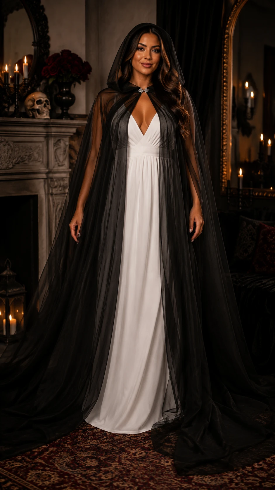 10. L'VOW Women Tulle Hooded Cape with Long Train Elf Cloak with Hood for Halloween Wedding Cosplay