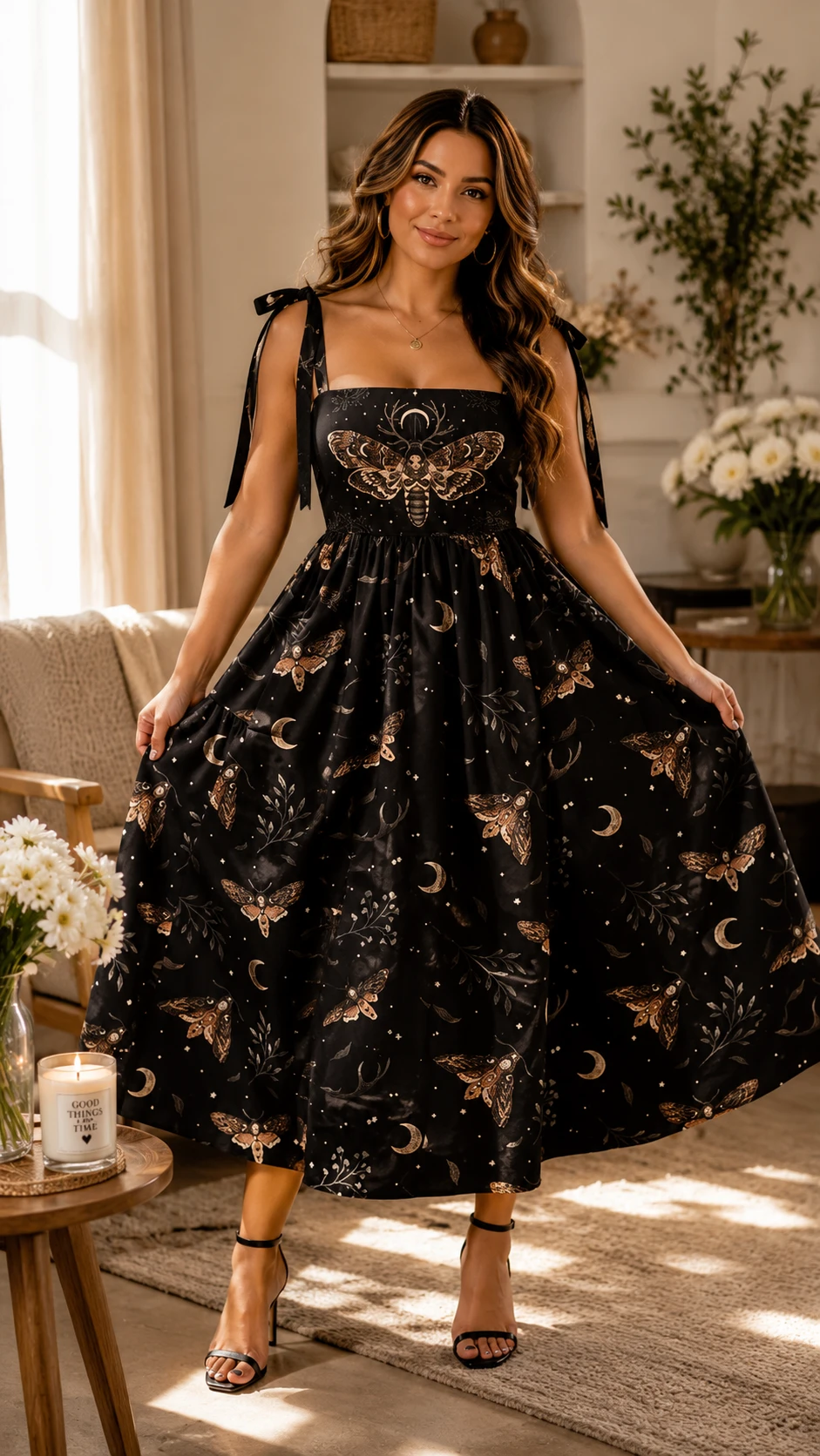 Women's Death Head Moth Gothic Maxi Dress Whimsical Flowy Vacation Sundress