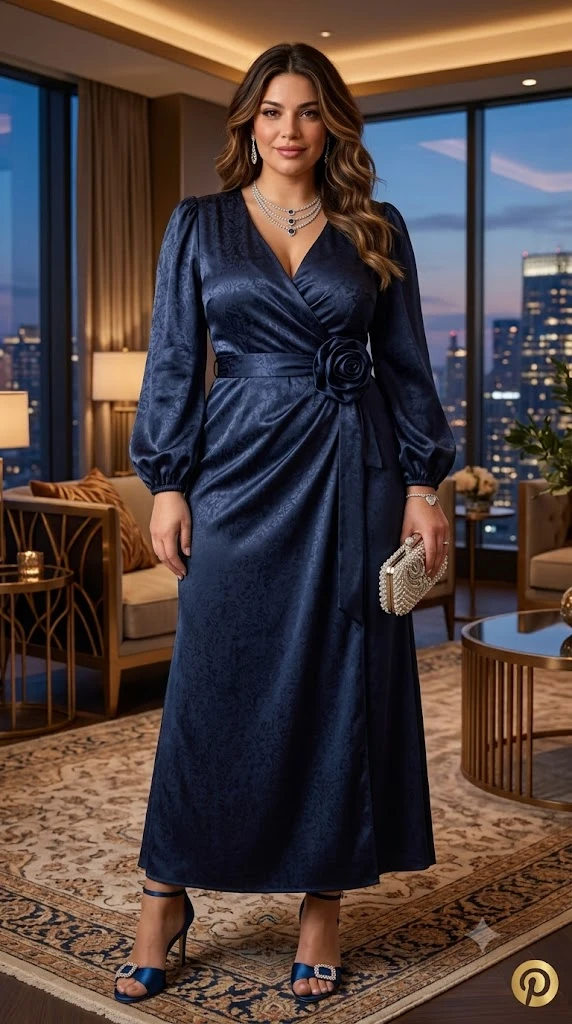 CYCLAMEN Plus Size Satin Wrap Dress Ruched Tie Waist V Neck Long Sleeve Midi Cocktail Wedding Guest Office Dresses
