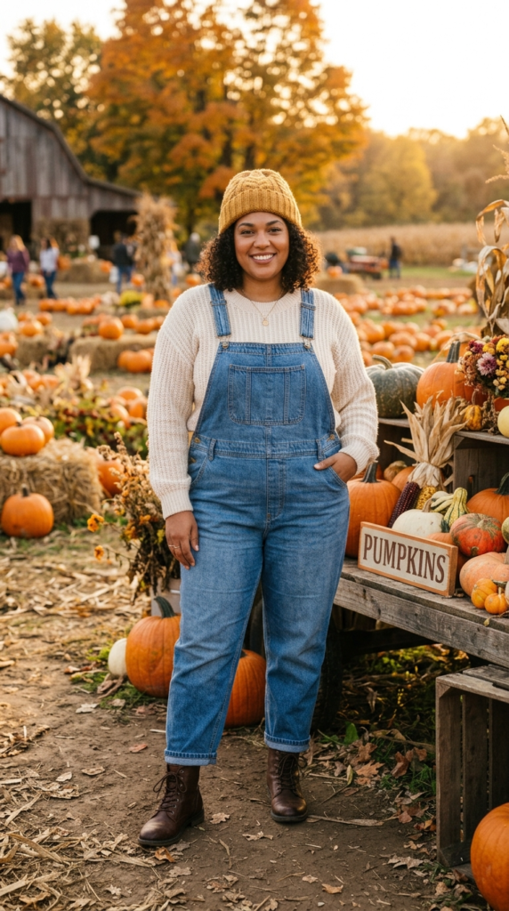 Denim Overalls and Cream Sweater