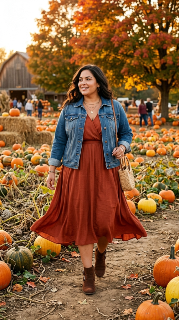 Rust Midi Dress and Denim Jacket