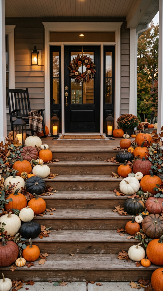 Layered Pumpkin Display on the Steps