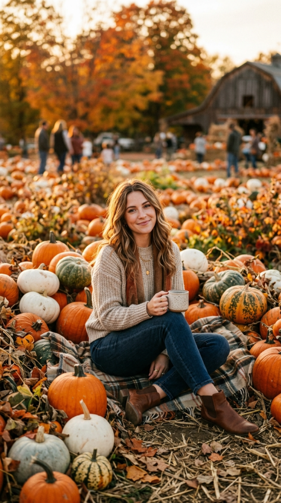 Sitting Among a Pumpkin Pile