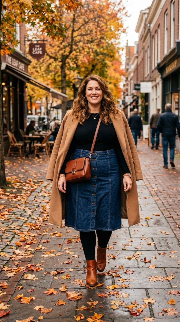 A-Line Denim Skirt Over Black Leggings