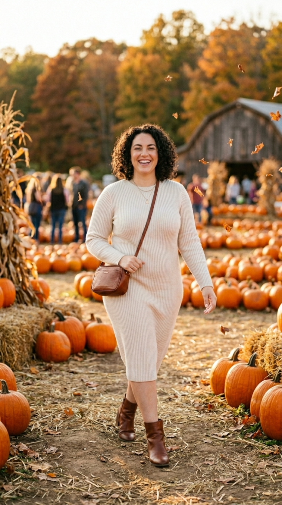 Cream sweater dress and brown ankle boots