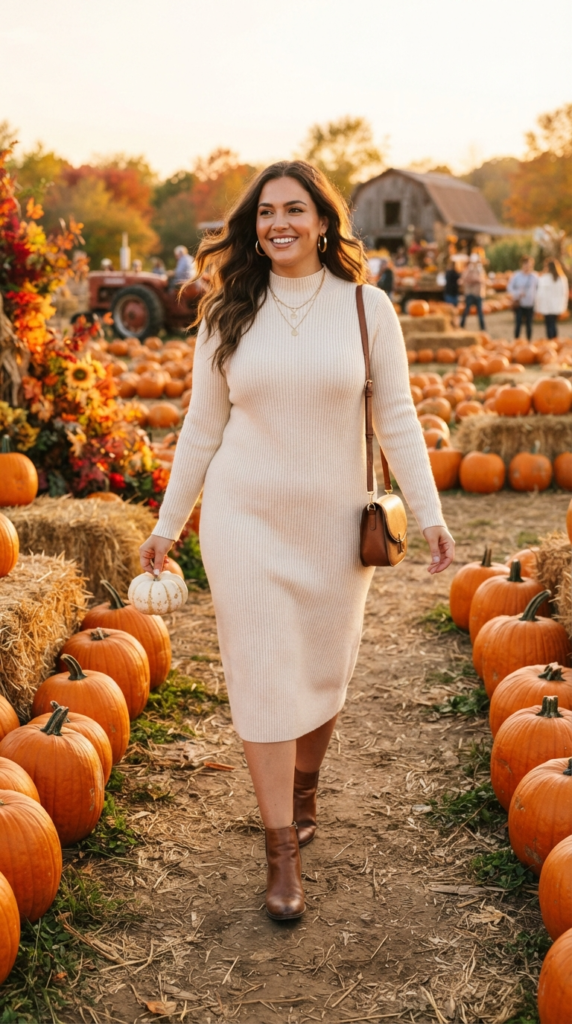 Cream sweater dress and brown boots