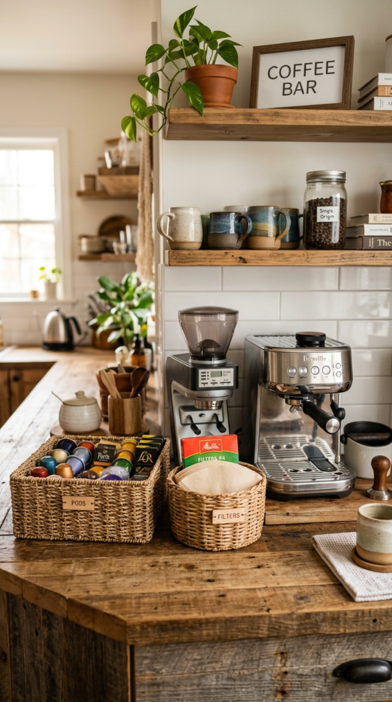 Coffee Bar with Woven Basket Storage