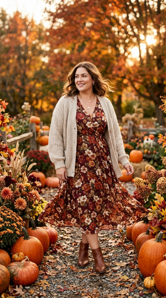 Floral dress with a chunky cardigan