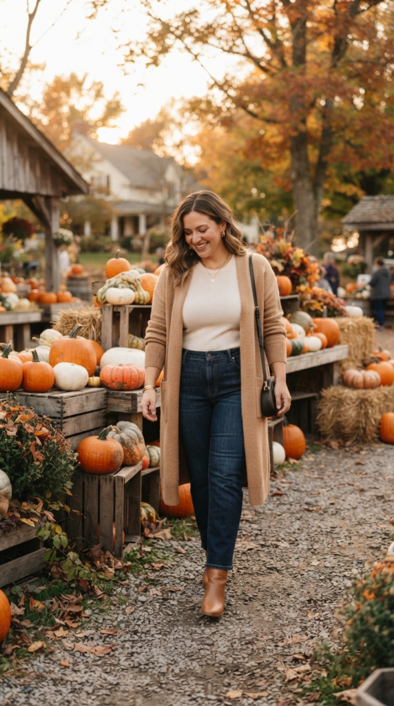 Long camel cardigan and jeans
