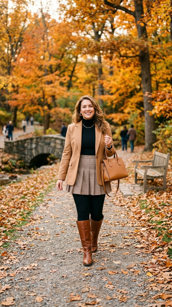 Plaid Mini Skirt Over Ribbed Tights-Style Leggings