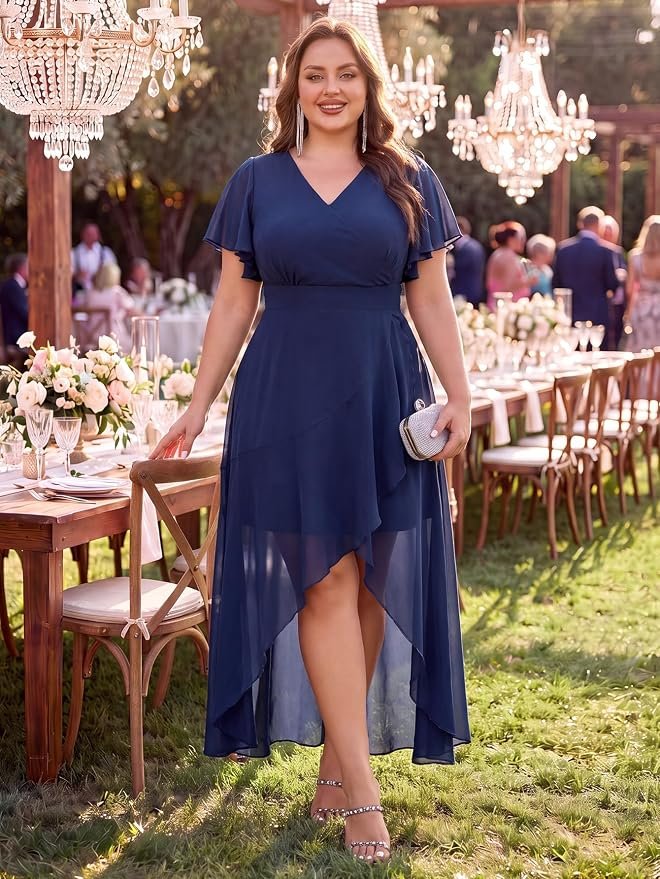 V-Neck Ruffle Wrap Asymmetric Gown