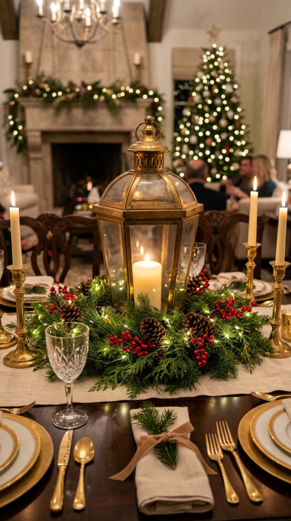 Gold Lantern and Greenery Centerpiece