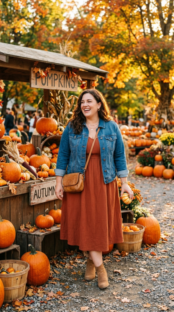 Denim jacket and rust dress