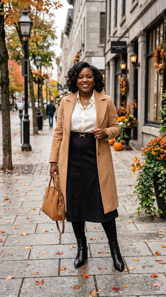 A-Line Midi Skirt Over High-Waisted Leggings