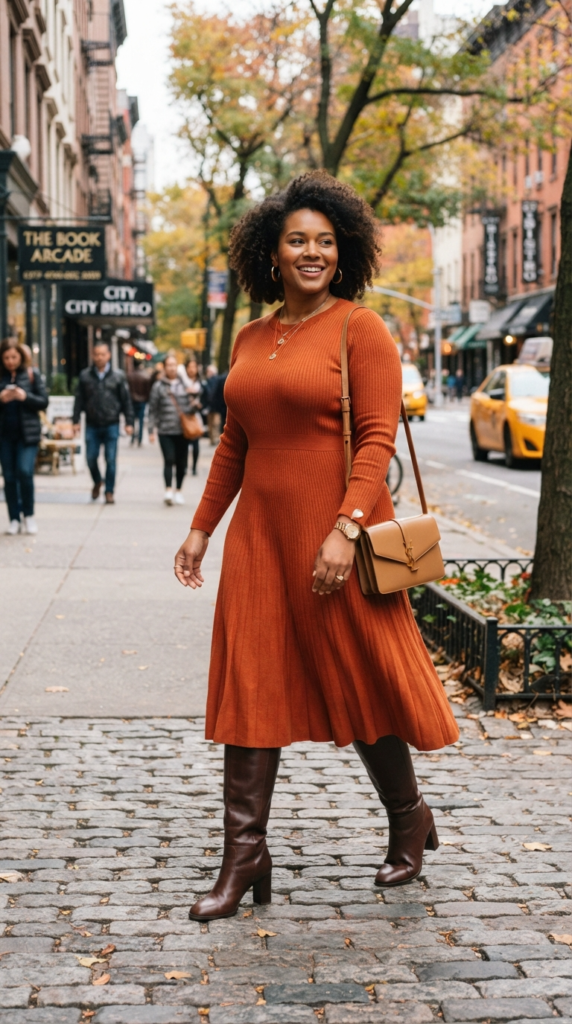 Rust midi dress and knee-high boots