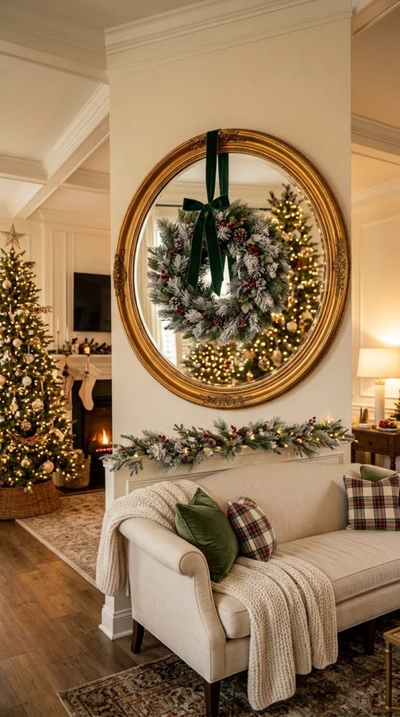Faux Snow-Dusted Wreaths on Living Room Mirrors