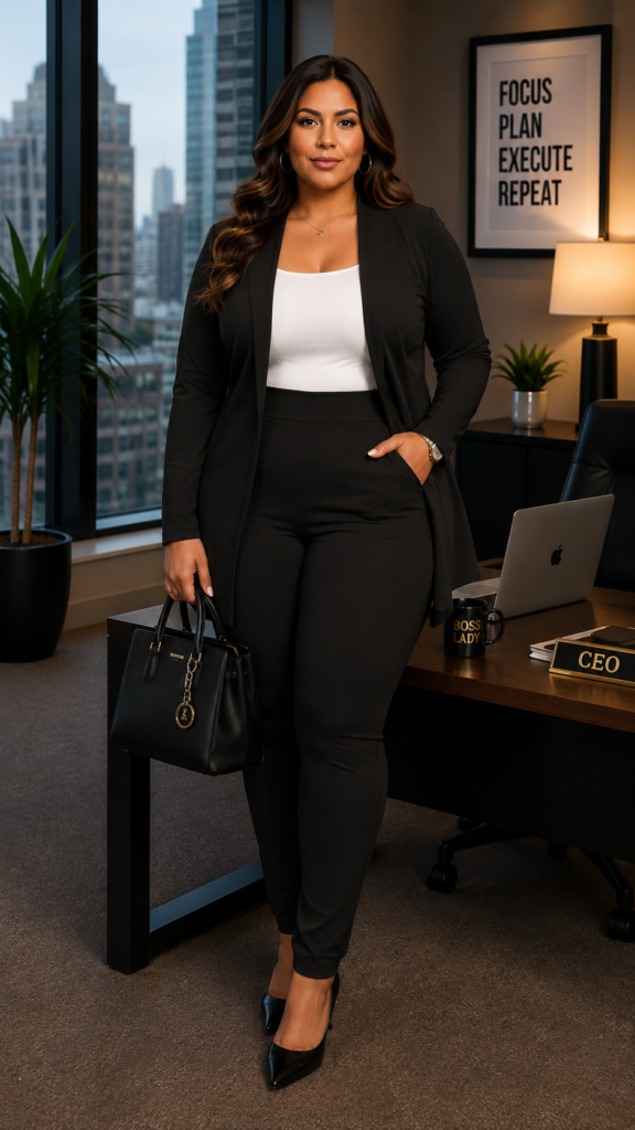 Women's Plus Size 2 Piece Outfits Open Front Blazer and High Waisted Long Pant Suit Set Business Loungewear