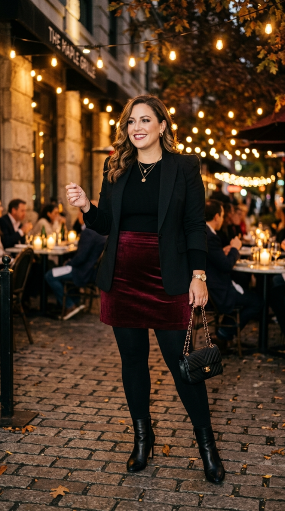 Velvet Mini Skirt Over Black Leggings