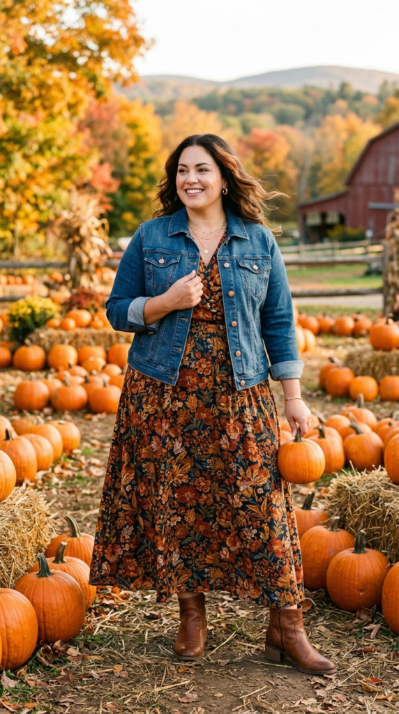 Long-sleeve maxi dress with a denim jacket