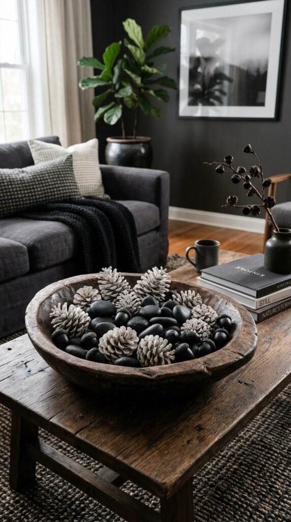 Dark Wood Decorative Bowls with Pinecones