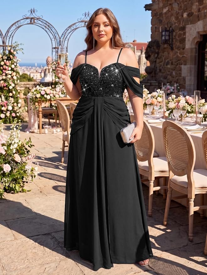 Off-Shoulder Sequin Empire Waist Gown