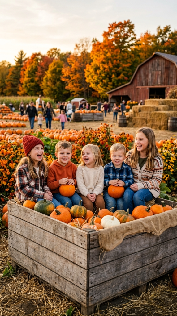 Kids Sitting Inside a Giant Pumpkin Bin