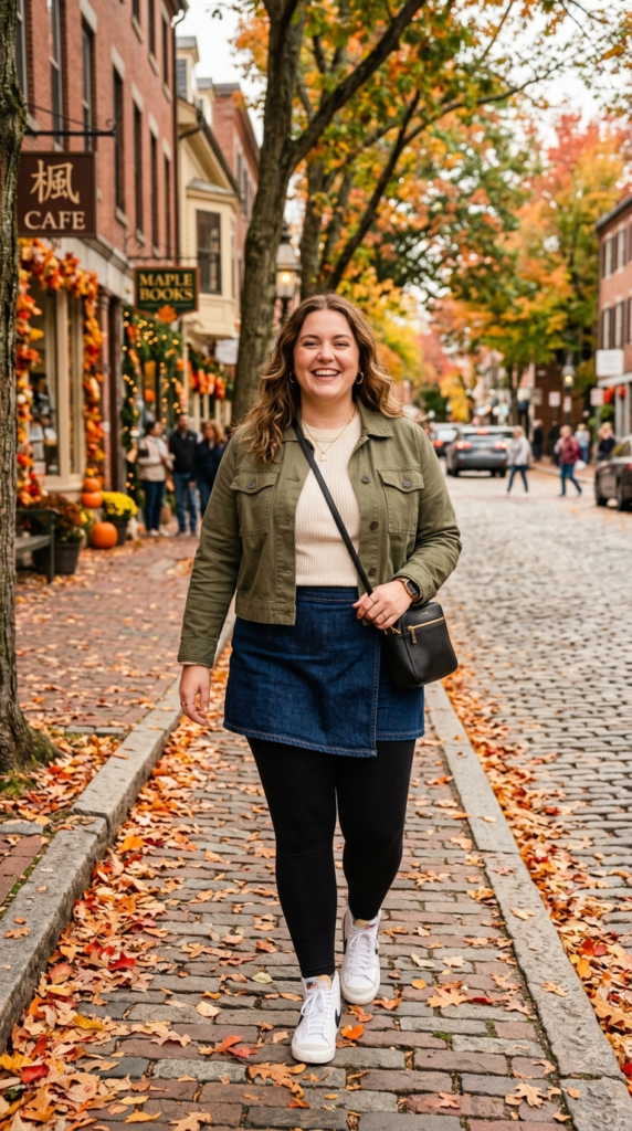 Denim Skort-Style Skirt Over Leggings