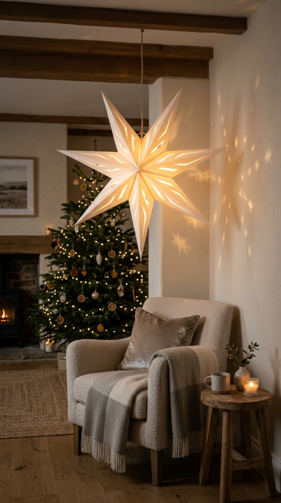 Paper Star Lanterns Hanging in Room Corners