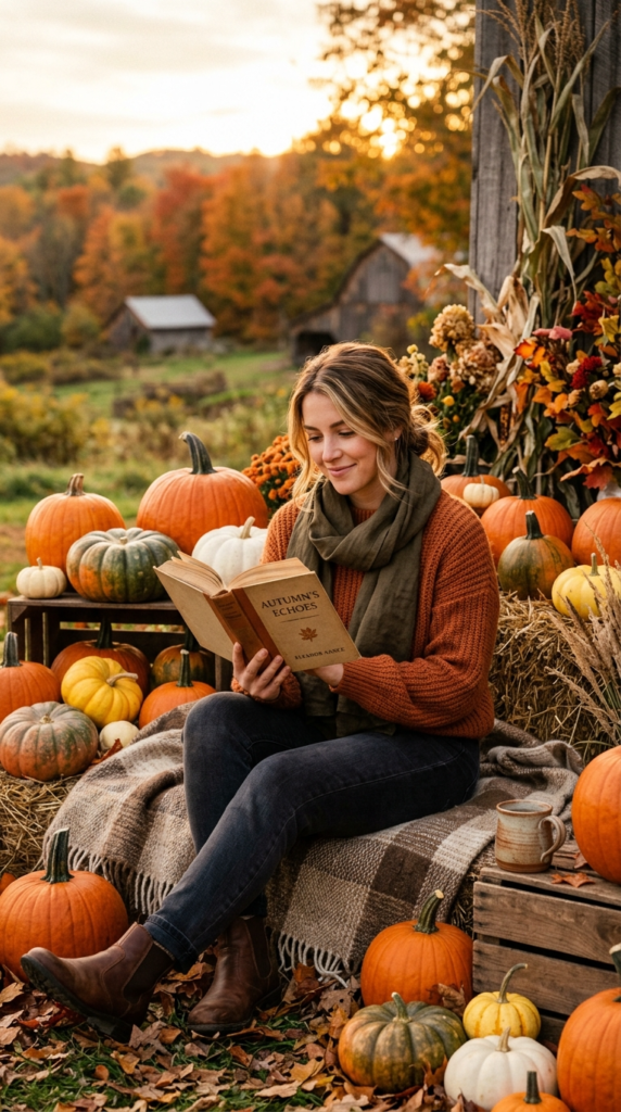 Reading a Book Among the Pumpkins