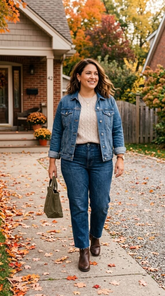 Jeans and a Denim Jacket Over a Sweater