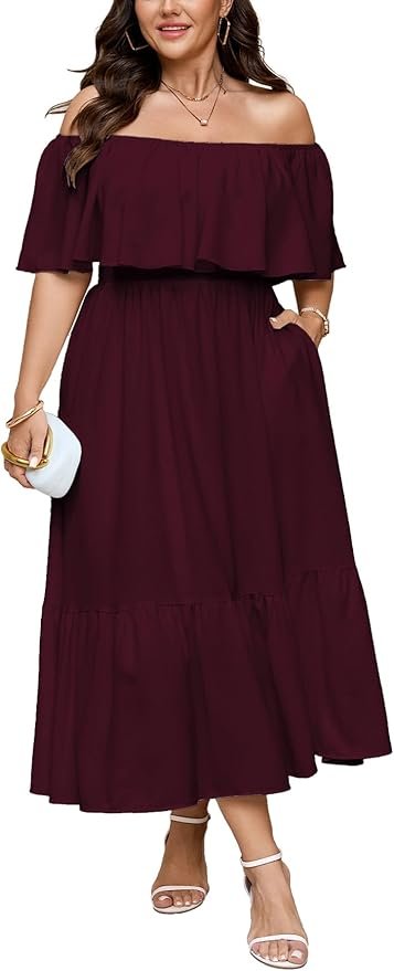 SCOMCHIC Off-Shoulder Smocked Maxi Dress