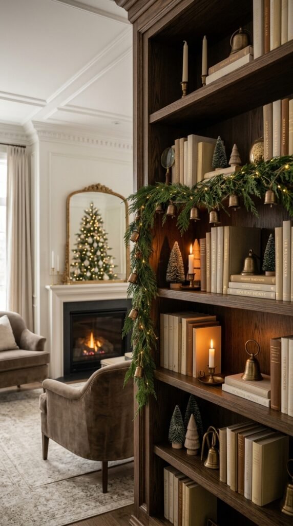 edar and Bell Garlands on Bookshelves