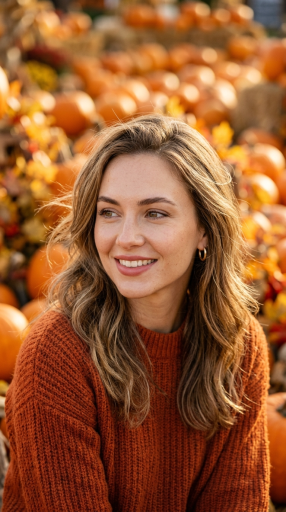 Close-Up Face Shot with Pumpkins Blurred Behind