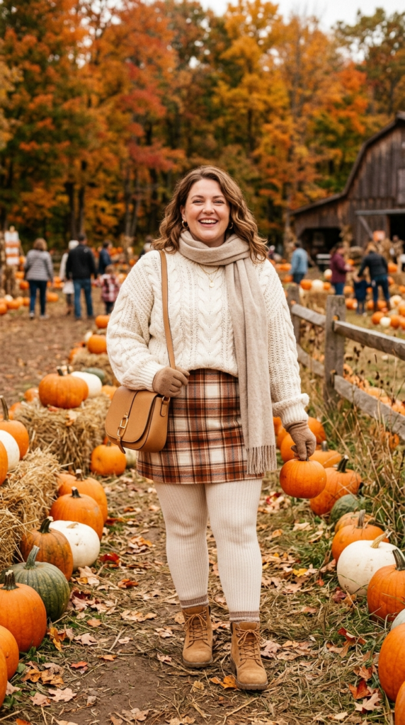 Flannel Mini Skirt Over Cream Leggings