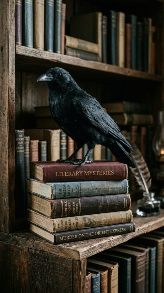 Faux Raven Statues on Bookshelves