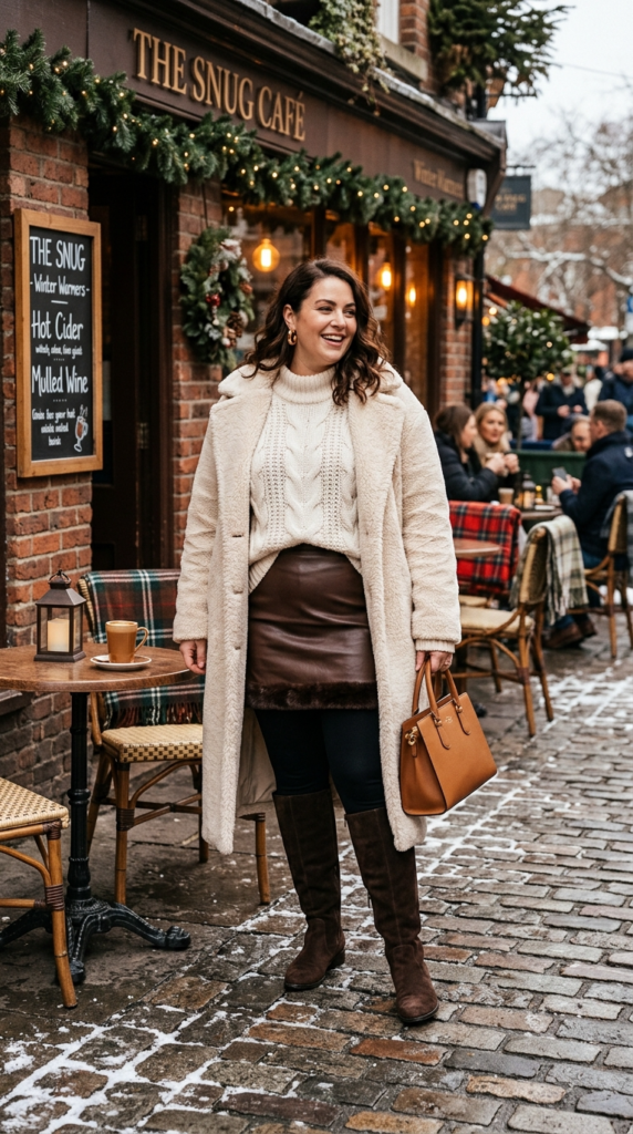 Faux Fur Trim Skirt Over Fleece Leggings