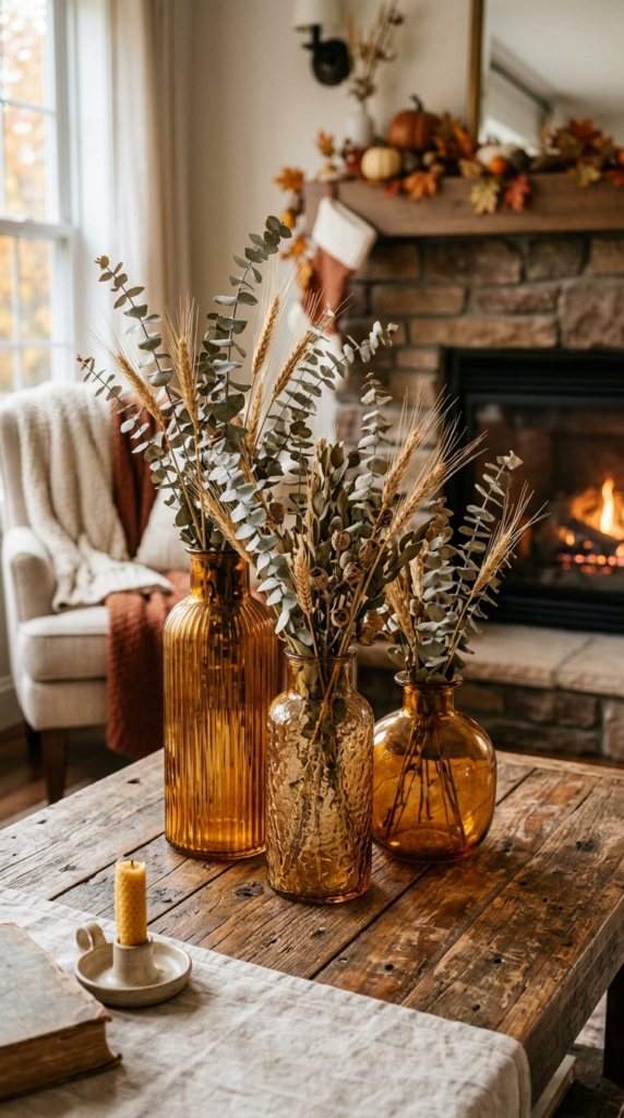 Amber Glass Vases with Dried Eucalyptus