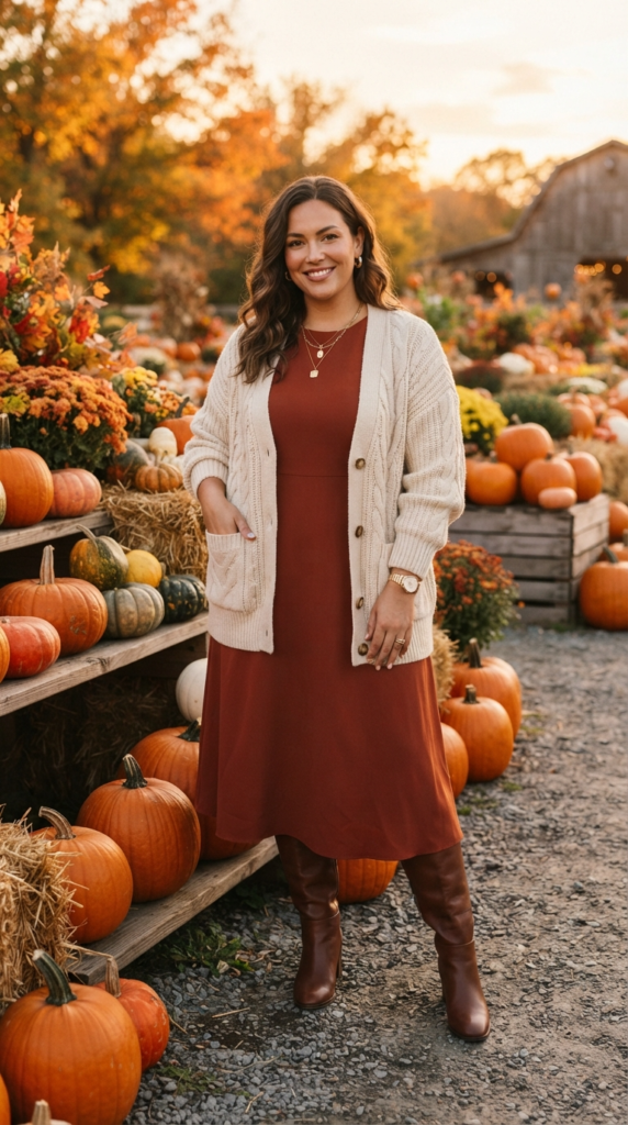 Rust midi dress and knee-high boots