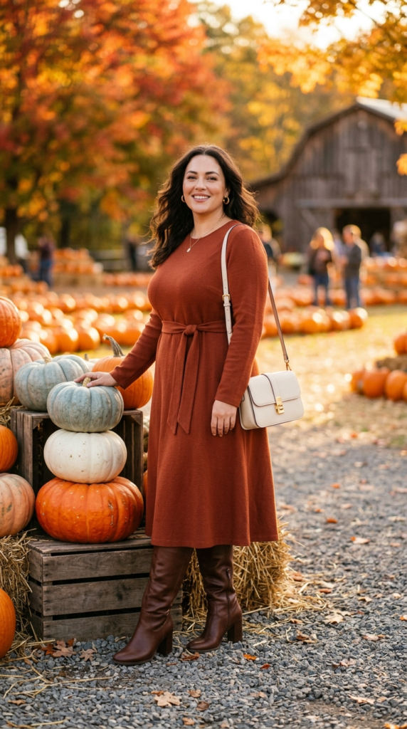 Rust midi dress with knee-high boots