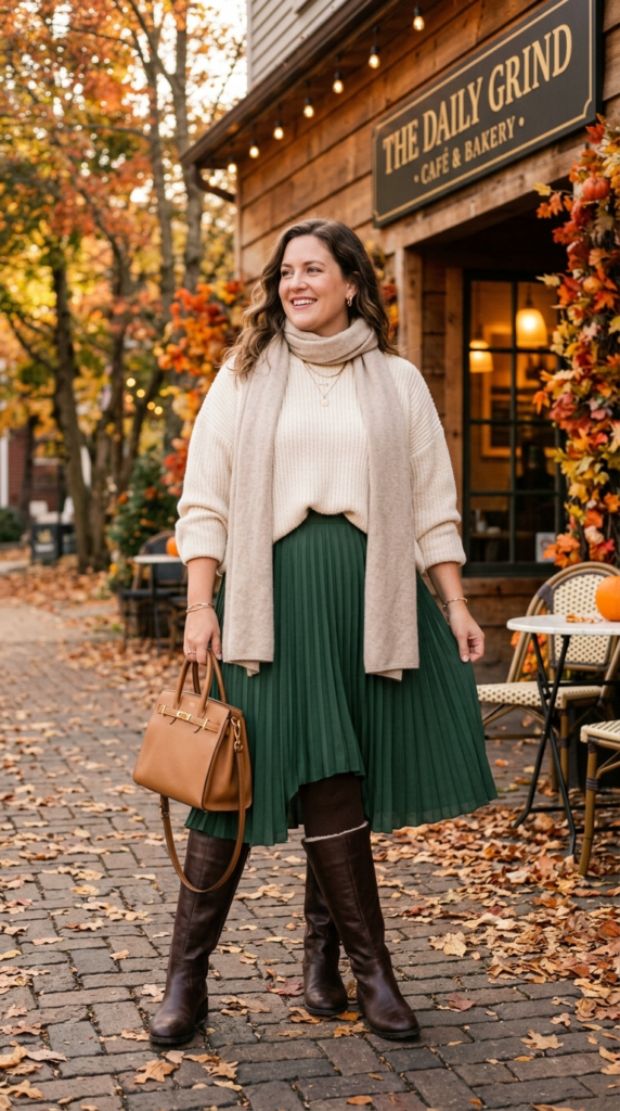 Pleated Midi Skirt Over Fleece-Lined Leggings