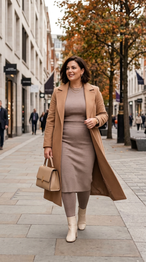Neutral Knit Skirt Over Matching Leggings