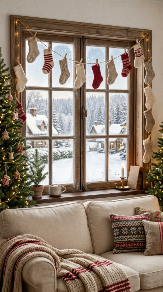 Knitted Stocking Garland on Windowsills