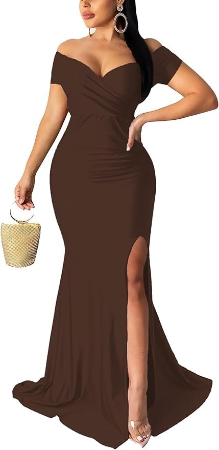 Off-Shoulder Wrap Split Evening Gown
