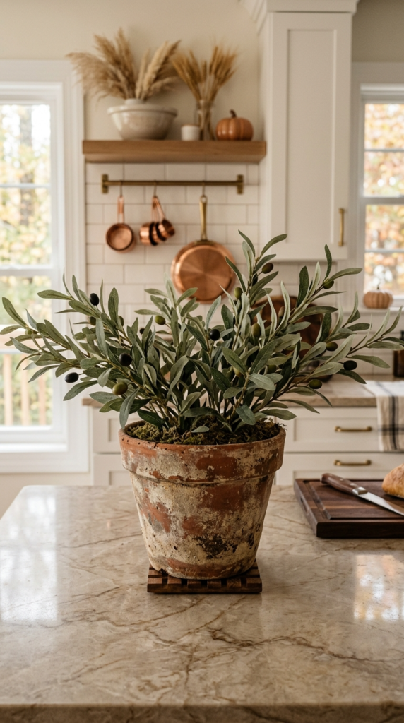 Faux Olive Branch Stems in Terracotta Pots