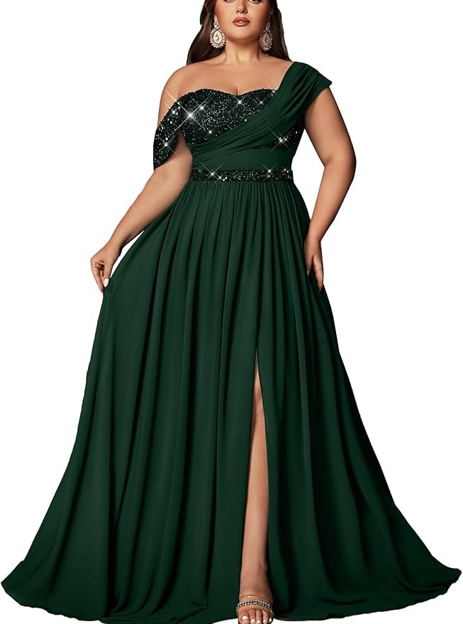 One-Shoulder Sequin Chiffon Gown