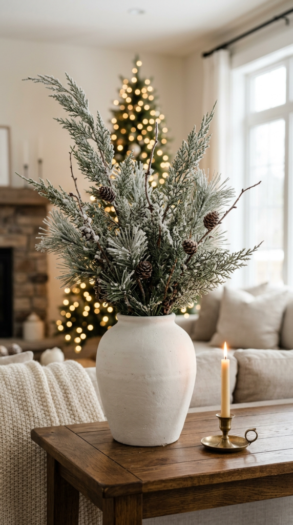 Flocked Cedar Stems in Ceramic Vases