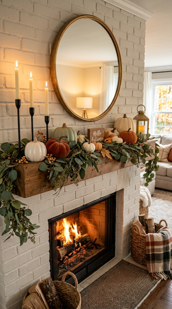 Pumpkin and Greenery Fireplace Mantel