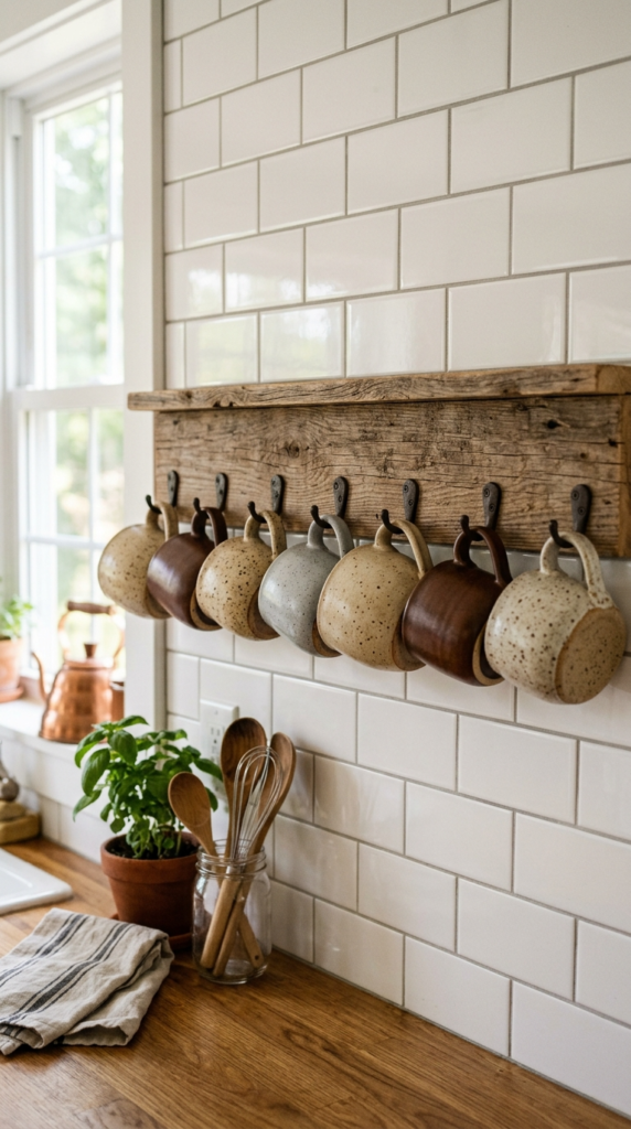 Textured Ceramic Mugs on Open Racks